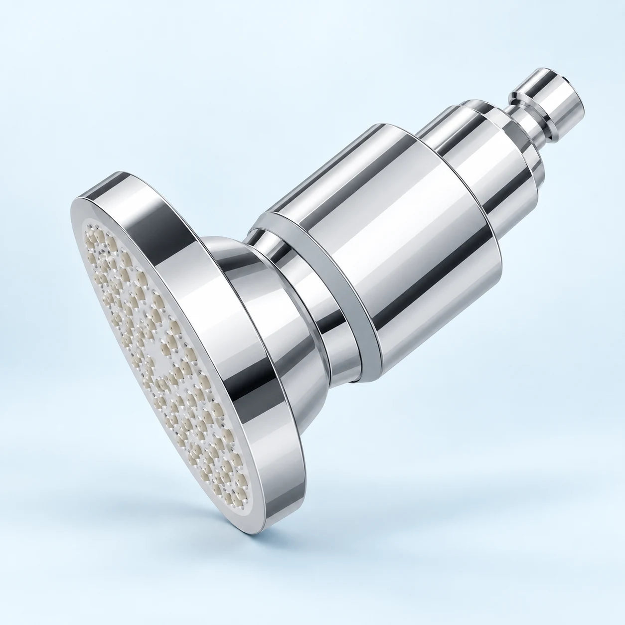 Chrome showerhead showing the complete filter housing and connector